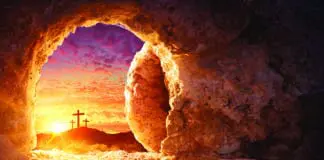 Empty Tomb With Shroud And Crucifixion At Sunrise - Risen Resurrection