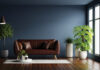 Modern interior of living room with leather sofa on wood flooring and dark blue wall- 3D rendering