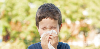 Allergic child sneezing covering nose